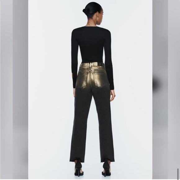 Zara Black and Metallic Gold HIGH WAIST Z1975 STRAIGHT LEG FOIL JEANS - Picture 8 of 11